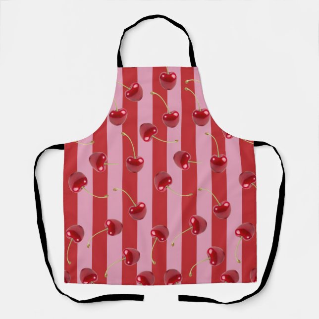 Delantal Diseño de raya roja y rosa con cerezas (Anverso)