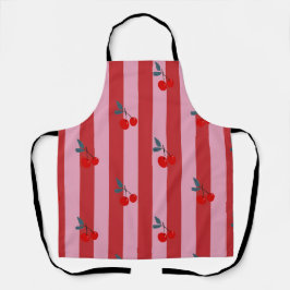 Delantal Diseño de raya roja y rosa con cerezas