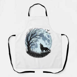 Delantal Diseño de silueta de árbol de luna aullando lobo v