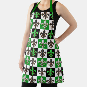 Delantal Diseño Fleur-de-lis de Green Black White Checkered