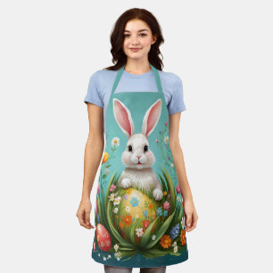 Delantal Diseño floral de conejo de Pascua y huevos
