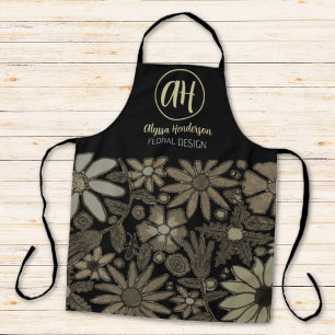 Delantal Diseño floral de logotipo simple negro y marrón pa