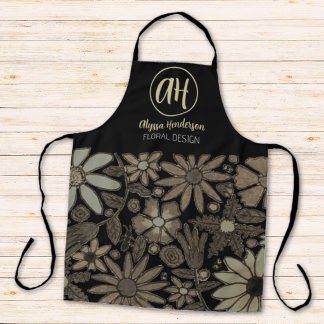 Delantal Diseño floral de logotipo simple negro y marrón pa