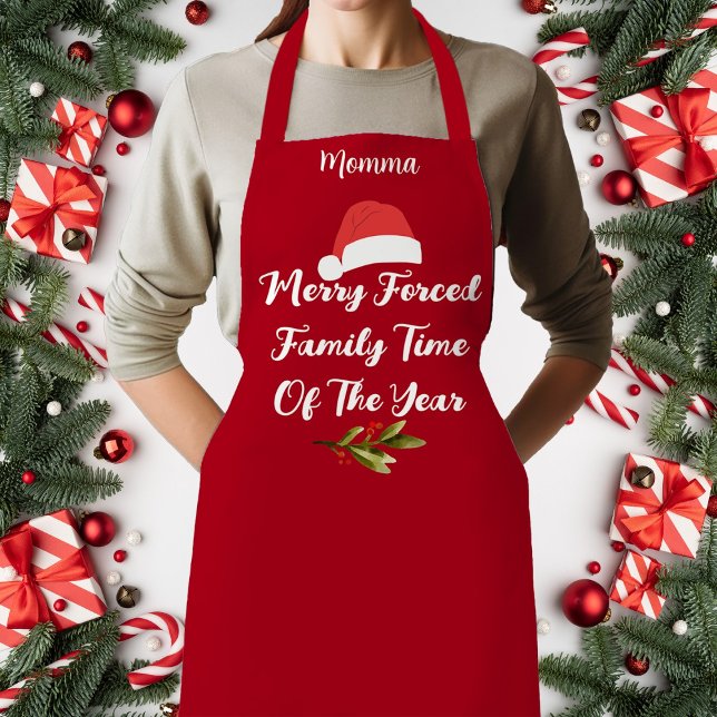 Delantal Diseño humorístico de vacaciones familiares forzad (Merry Forced Family Time Of The Year Santa Hat Apron, Customize, Personalize)