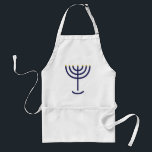 Delantal Diseño moderno Menorah Blue Gold Flat<br><div class="desc">Moderno Apron Menorah Blue Gold Flat Design. En el Éxodo 25:31 se lee: "Y harás un candelabro de oro puro; de obra batida se hará el candelabro. Su eje, sus ramas, sus tazones, sus mechas y sus flores serán iguales". Este diseño es lineal, moderno, minimalista, plano en azul marino con...</div>