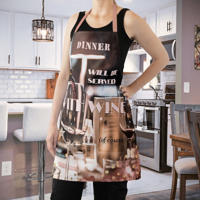 Delantal Diseño moderno Tema del vino festivo (Apron showing a modern design with wine in rose gold colors with festive light sparkles and stars)