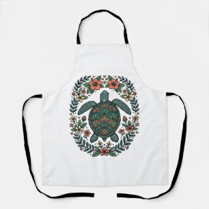 Delantal Diseño vectorial floral de tortuga marina vintage_