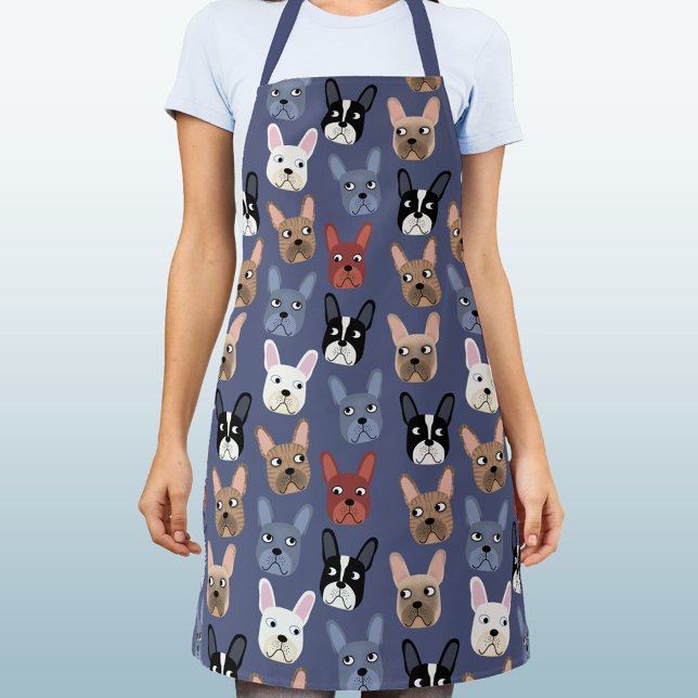 Delantal Divertido Bulldog francés lechoso perro azul (Fun French Bulldog dusty blue dog pattern apron for animal lovers)