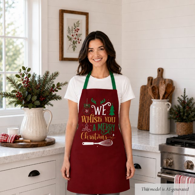 Delantal divertido de Navidad (cute funny festive burgundy red we whisk you a merry christmas apron for chef baker mom)