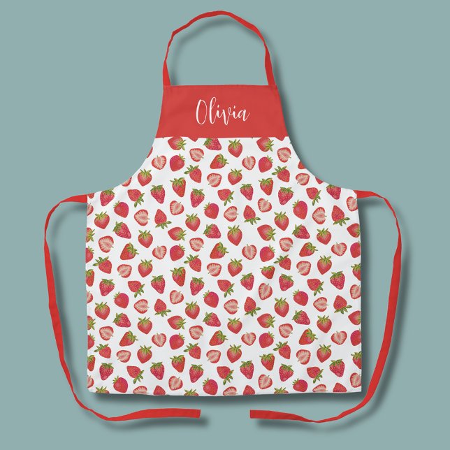 Delantal Divertido patrón de fresa (Strawberry pattern personalized name apron.  Matching kitchen and homeware range available.)