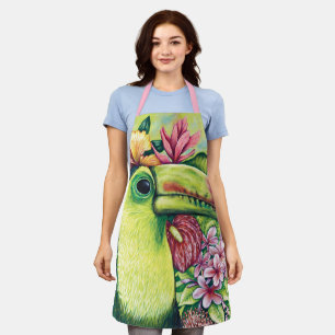 Delantal divertido verde y rosa con tucán floral l