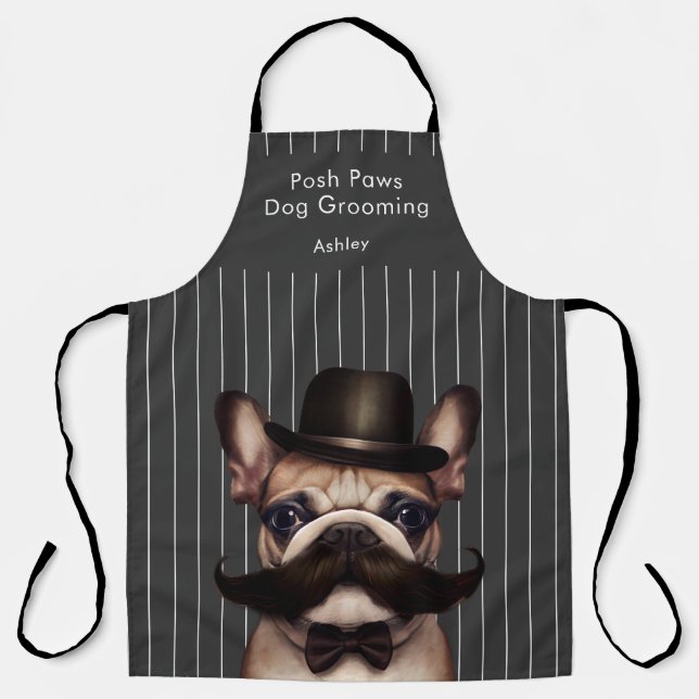 Delantal Dog Grooming Business Funny Frenchie Pinstripe (Anverso)