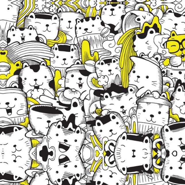 Delantal Doodle Cats (A doodle art illustration featuring a dense collection of cartoon cats, rendered in black and white.)
