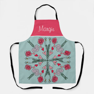 Delantal Doodle de corazones florales de abeja menta rosa p