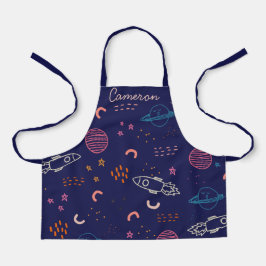 Delantal Doodle de espacio y planetas en azul personalizado
