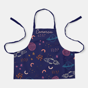 Delantal Doodle de espacio y planetas en azul personalizado