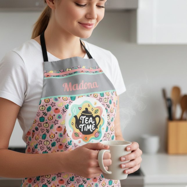 Delantal Doodle Tea Time Tetera Arte Pastel (Subido por el creador)