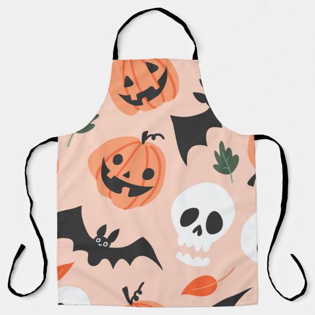 Delantal Doodles de Halloween, calabazas, patrón de murciél (Anverso)