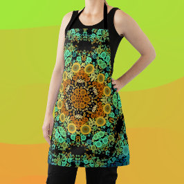 Delantal Dot Mandala Flor Naranja Verde y Azul