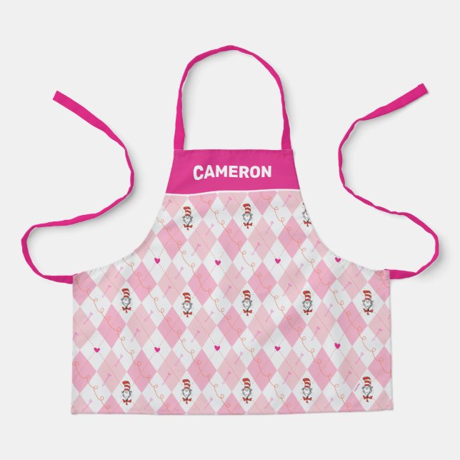 Delantal Dr. Seuss Valentine | Argyle rosado El gato en H (Anverso)