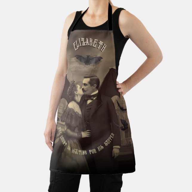 Delantal Drácula de época besando a una bella dama Hallowee (in situ)