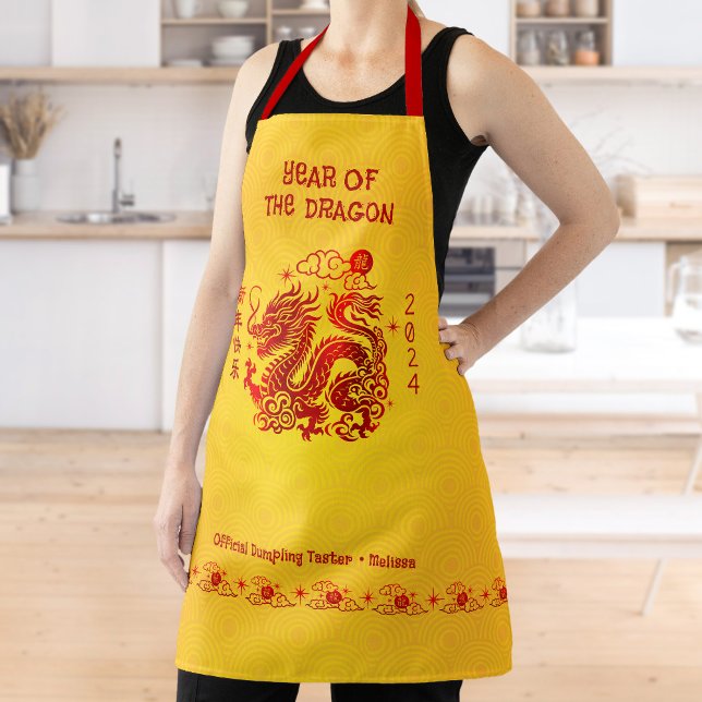 Delantal Dragón chino Año Nuevo lunar amarillo Relieve meta (LINK FOR 2025 YEAR OF THE SNAKE: https://www.zazzle.com/collections/119316095761799932)
