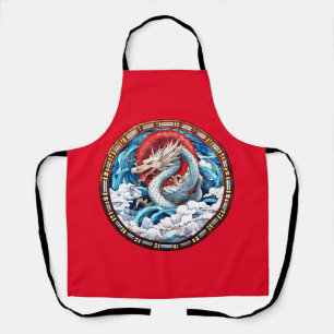 Delantal Dragón mítico asiático en rojo y azul