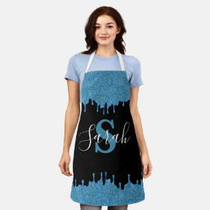 Delantal Drip de Brillo de Monograma Azul Turquesa y Negro