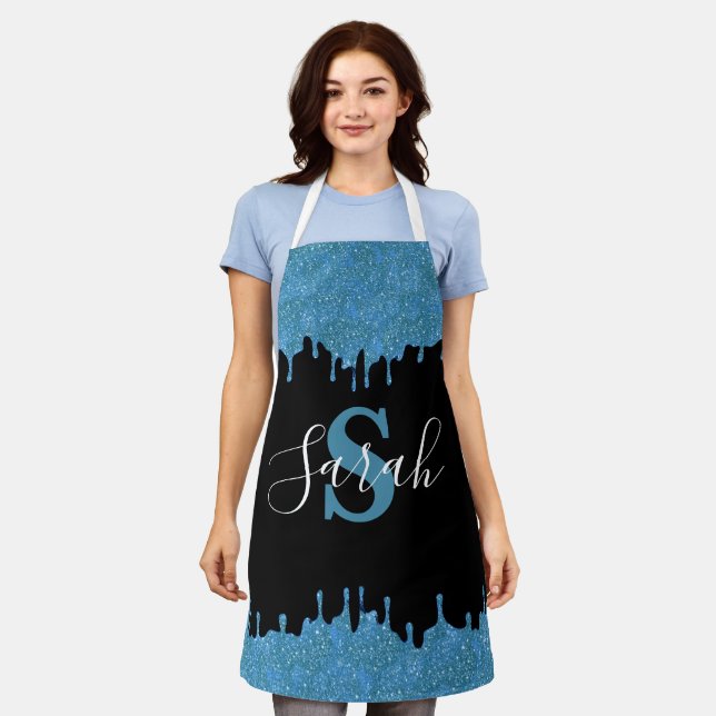 Delantal Drip de Brillo de Monograma Azul Turquesa y Negro (Gastado)