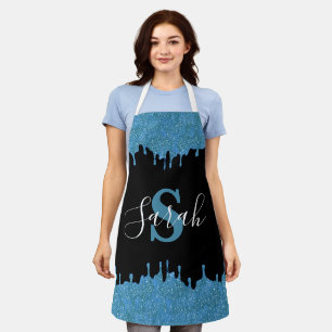 Delantal Drip de Brillo de Monograma Azul Turquesa y Negro