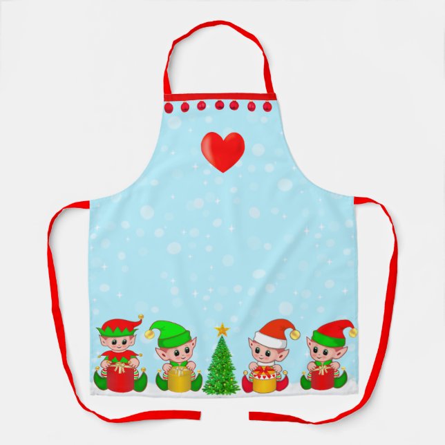 Delantal Duendes modernos de Navidad en azul claro (Anverso)
