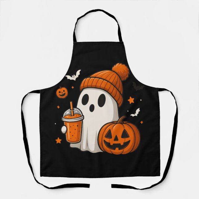 Delantal Dulce Fantasma de Halloween con Calabaza y Bebida  (Anverso)