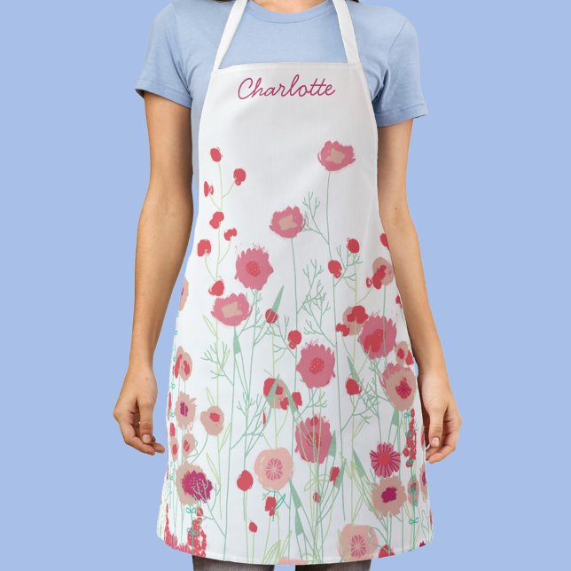 Delantal El Boho de Flor Silvestre Personalizado (Personalized custom name wildflower art pink, sage green and white apron)