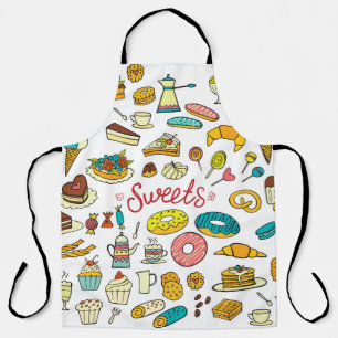 Delantal El doodle colorido dulce la comida en blanco. Vint