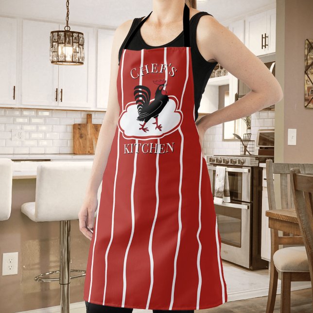 Delantal El gallo de cocina del chef rojo a rayas de Apron (Apron featuring a simple red and white striped design with a rooster on a cloud )
