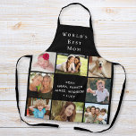 Delantal El mejor Collage de fotos de mamá del mundo negro<br><div class="desc">Un lindo regalo negro de honor para tu madre que incluye un collage de 8 fotos de sus hijos,  familiares,  mascotas,  etc.,  "La mejor mamá del mundo" y los nombres de sus hijos en una simple tipografía blanca moderna. Personalice si se llama "Mamá",  "Mami",  "Mamá".</div>