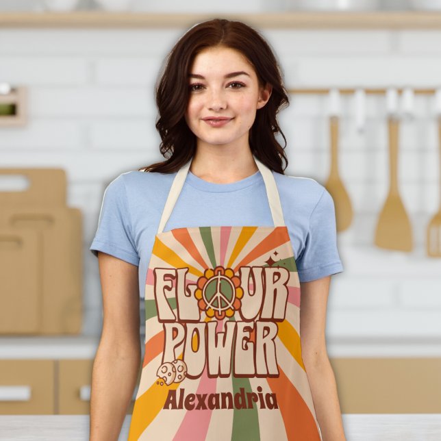 Delantal El "poder de la harina" retro 60 Funny Cocinar ("flour power" 60s 70s hippy apron funny cute retro w/ custom name peace sign baking apron for women)