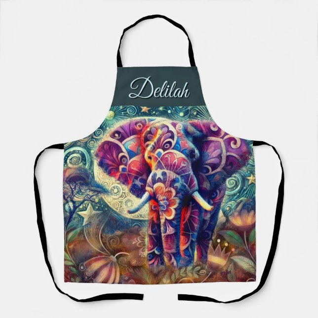 Delantal Elefante caprichoso en la noche Estrellas moradas  (Anverso)