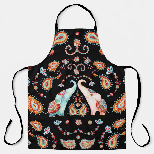 Delantal Elefante Tribal: Patrón Paisley de acuarela. (Anverso)