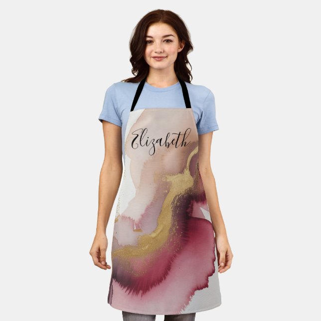 Delantal Elegant Burgundy and Gold Watercolor Art (Gastado)