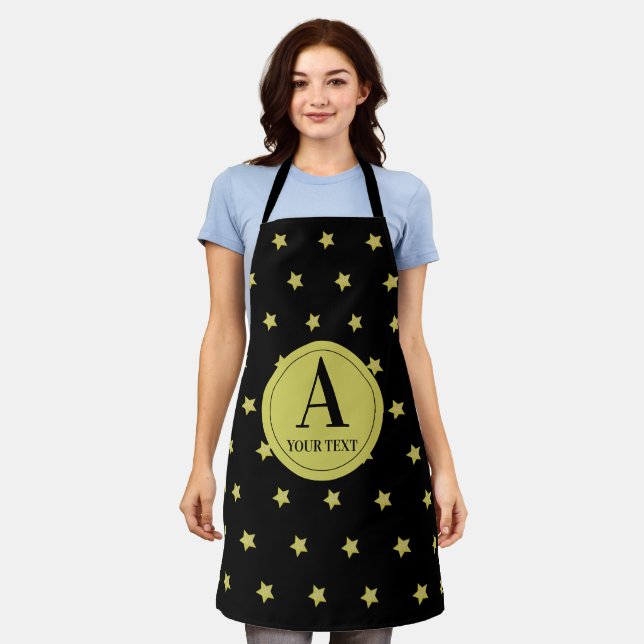 Delantal Elegant Gold & Black Star Pattern Monogram (Gastado)