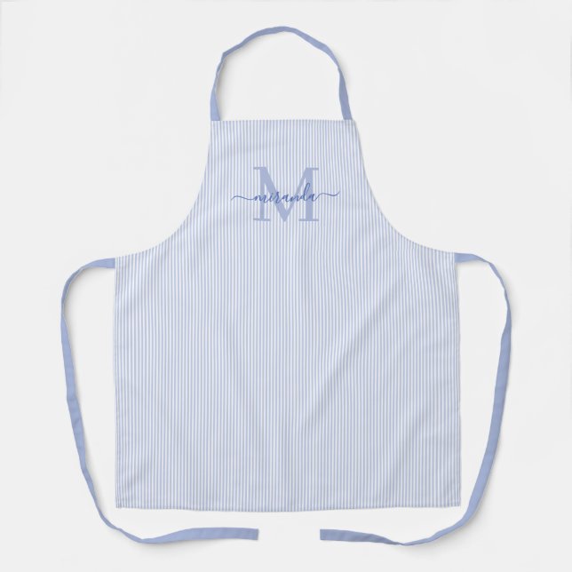 Delantal Elegant Monogram Name Blue Stripe (Anverso)