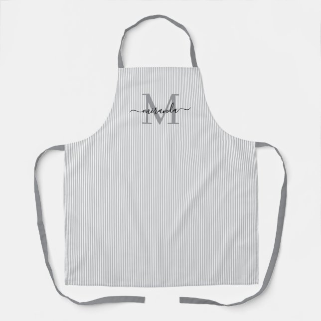 Delantal Elegant Monogram Name Gray Stripe (Anverso)
