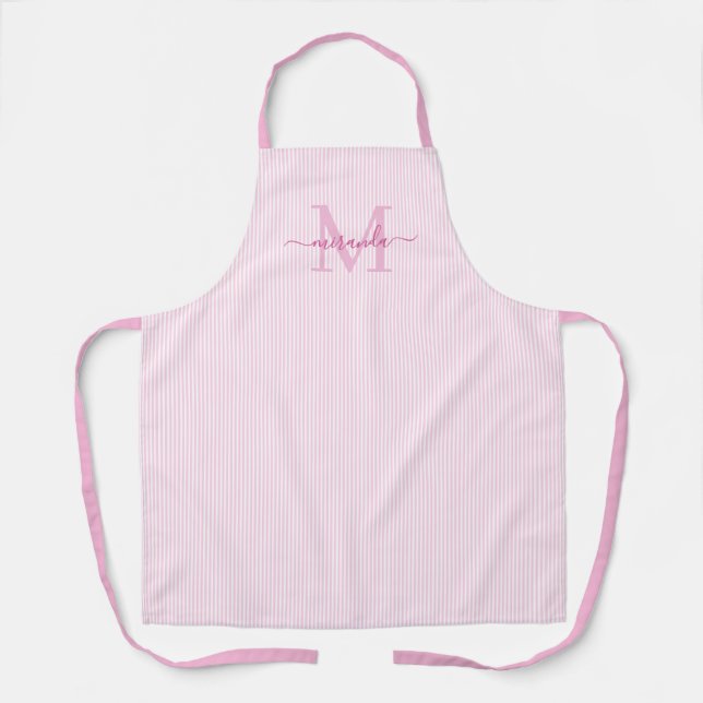 Delantal Elegant Monogram Name Pink Stripe (Anverso)