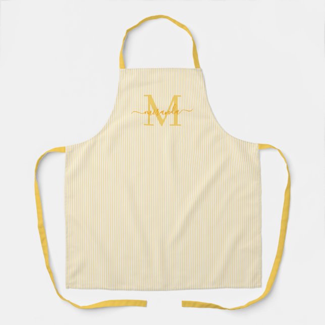 Delantal Elegant Monogram Name Yellow Stripe (Anverso)