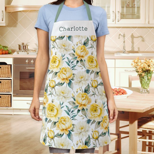 Delantal Elegant Pretty Yellow and White Floral (A personalized kitchen apron, patterned with yellow and white peony and chrysanthemum flowers)