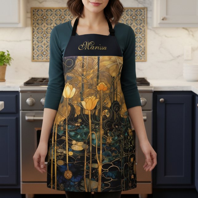Delantal Elegant Vintage Floral Apron (elegant black gold vintage art nouveau floral apron with custom name in beautiful script calligraphy)