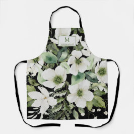 Delantal Elegante acuarela floral blanco y negro