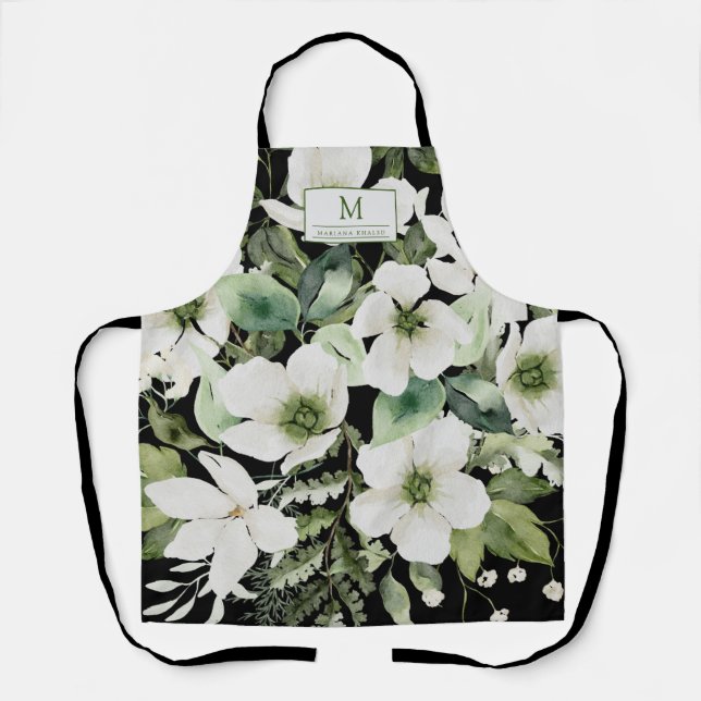 Delantal Elegante acuarela floral blanco y negro (Anverso)