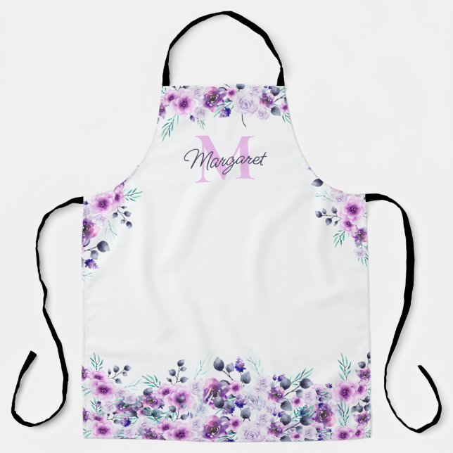 Delantal Elegante acuarela morado floral con monograma (Anverso)
